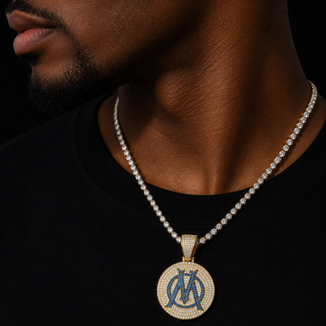 Bubble Letter Iced Out Pendant Necklace for Men Football Charms Real Gold Plated Hip Hop Jewelry