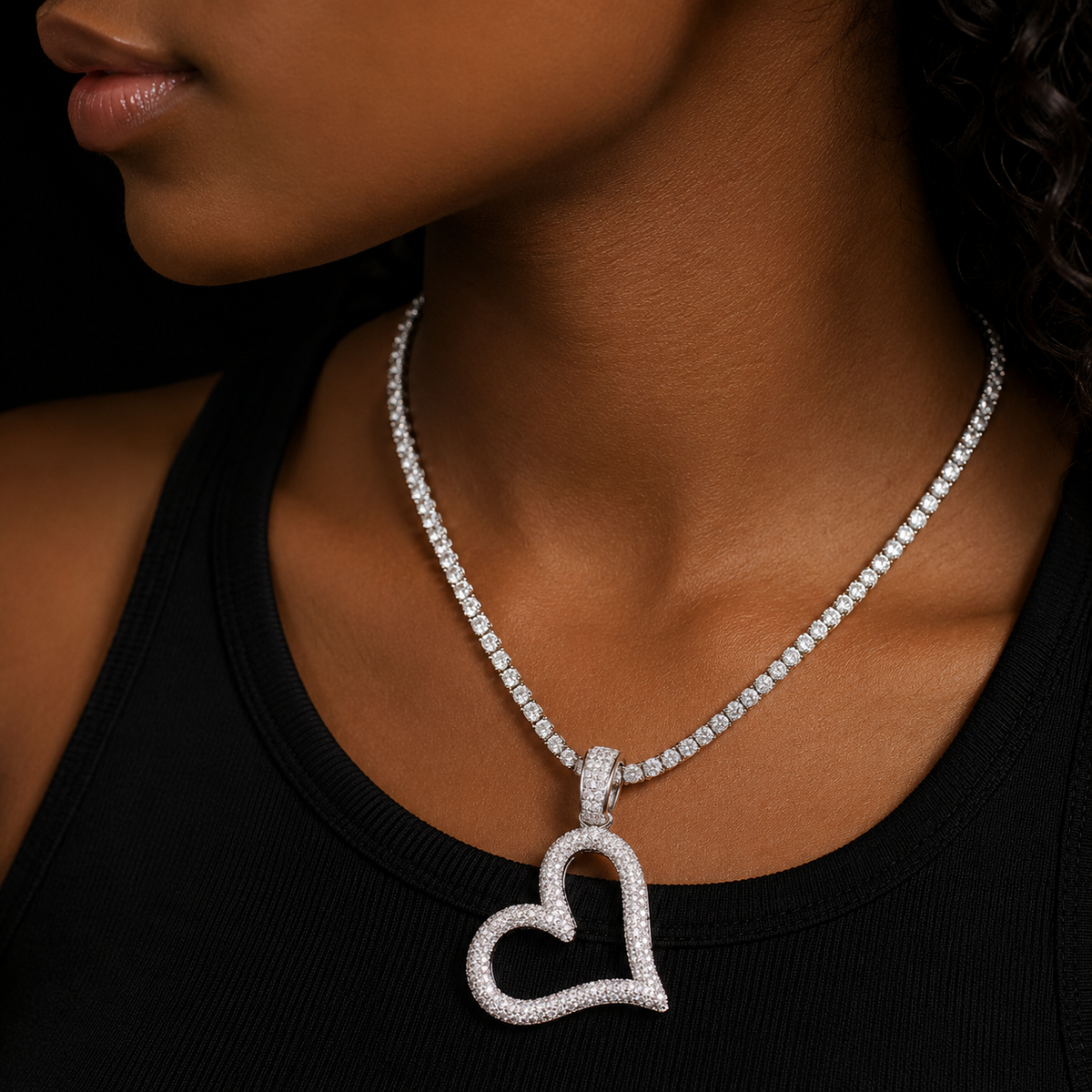 Bubble Letter Iced Out Open Heart Necklace for Women Prong Setting Cubic Zirconia Real Gold Plated Hip Hop Jewelry