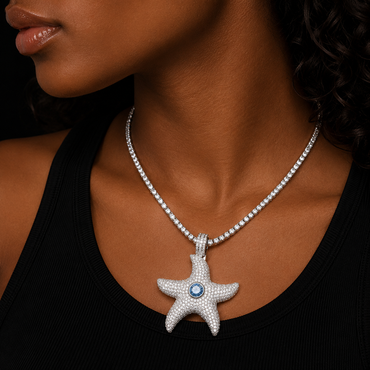 Bubble Letter Iced Out Sea Star Pendant for Women Prong Setting Necklace Cubic Zirconia Hip Hop Jewelry 2023 Trends