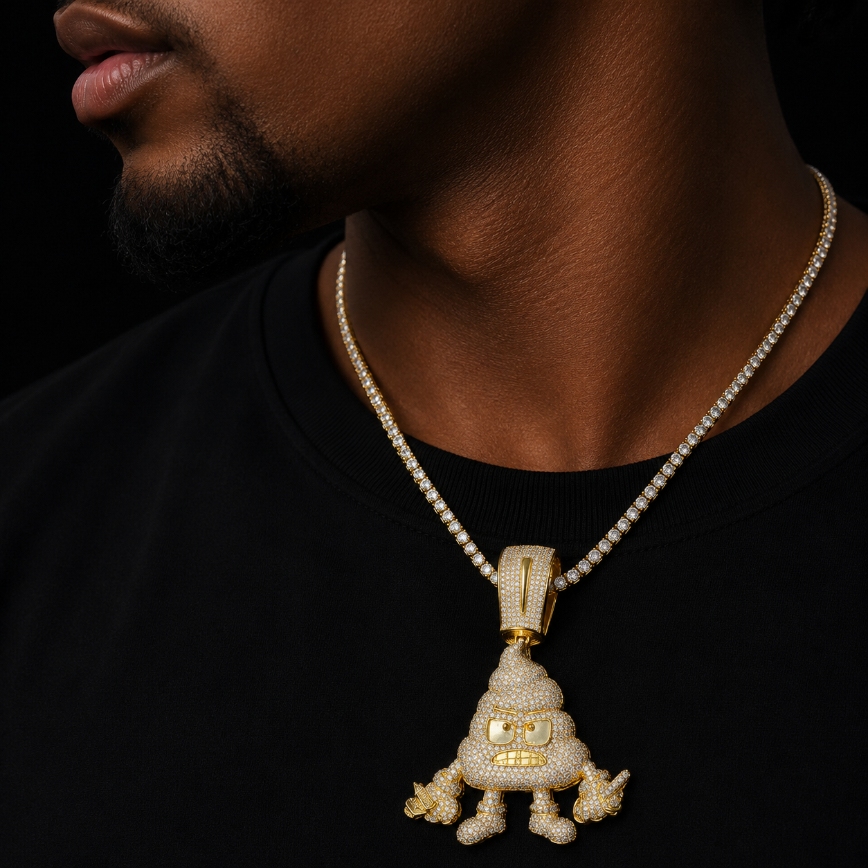 Bubble Letter Ice Out Necklace for Men Stool Prong Cubic Zirconia Pendant Real Gold Plated Hip Hop Jewelry