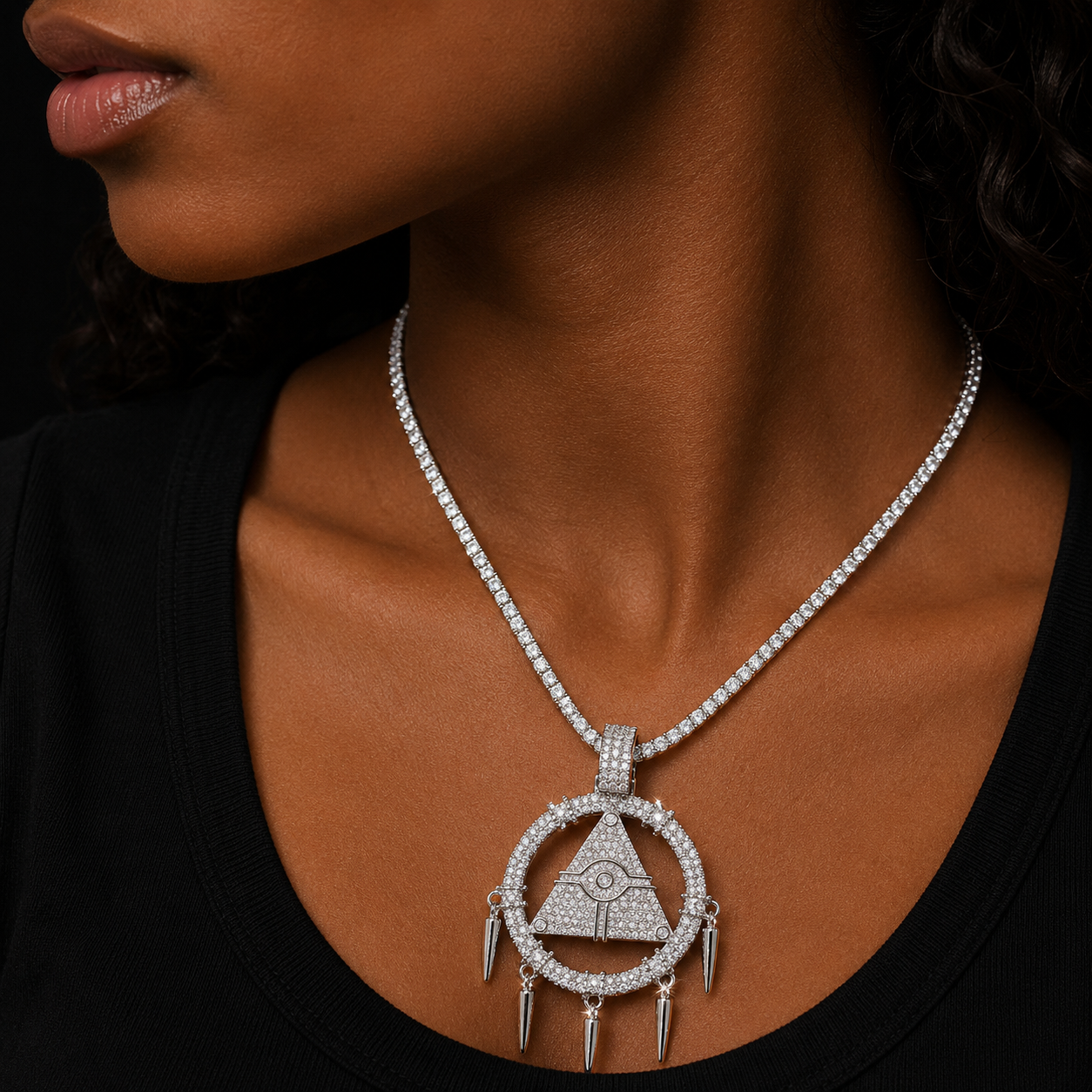 Bubble Letter Iced Out Pendant Millennium Wisdom Wheel Dream Catcher Necklace for Women Cubic Zirconia Gold Color HipHop Jewelry