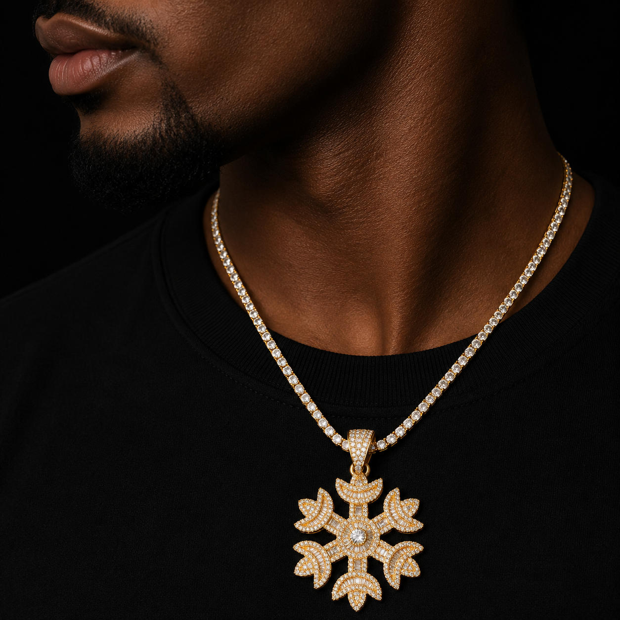 Bubble Letter Baguette Snow Flower Necklace for Men Iced Out Pendant Real Gold Plated Hip Hop Fashion Jewelry Bling Charms