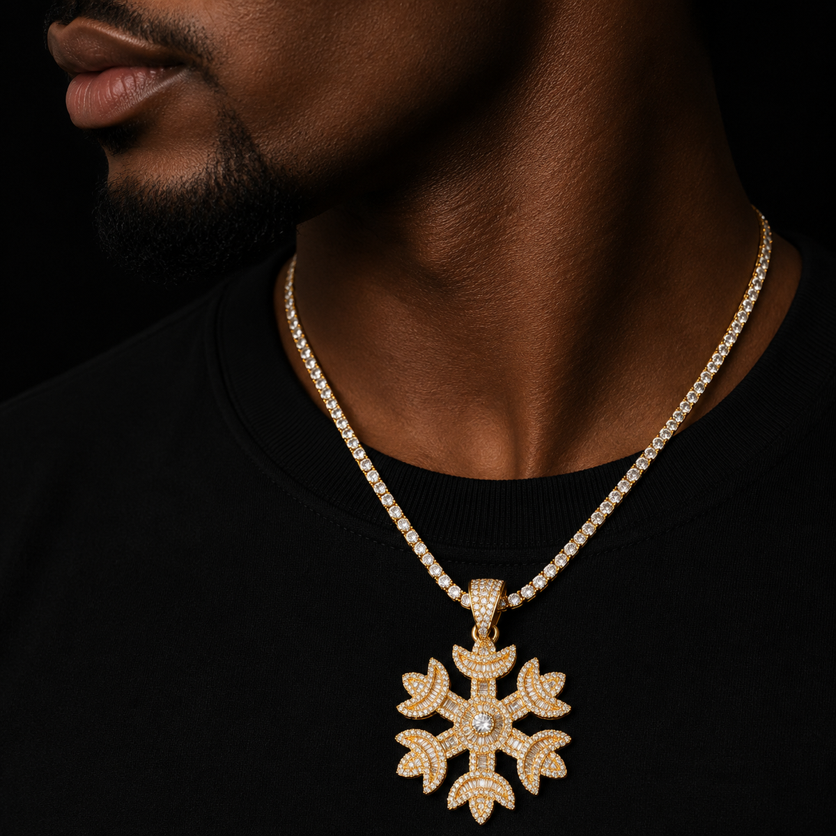Bubble Letter Baguette Snow Flower Necklace for Men Iced Out Pendant Real Gold Plated Hip Hop Fashion Jewelry Bling Charms