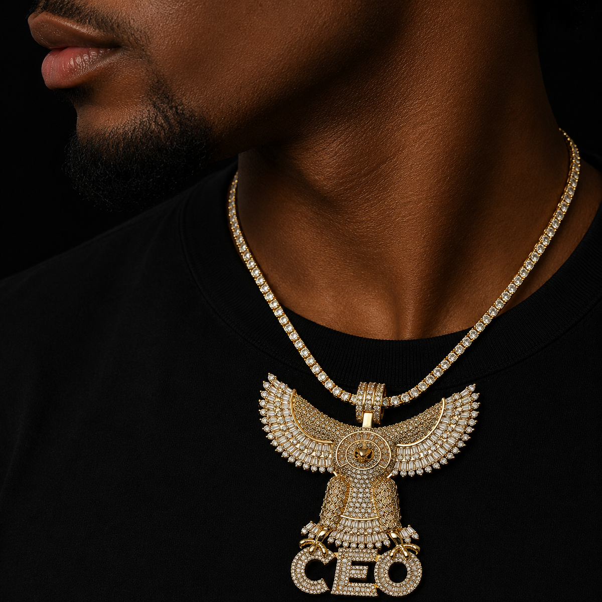 Bubble Letter Iced Out Big Eagle CEO Pendant Baguette Necklace for Men Real Gold Plated Cubic Zirconia Hip Hop Jewelry