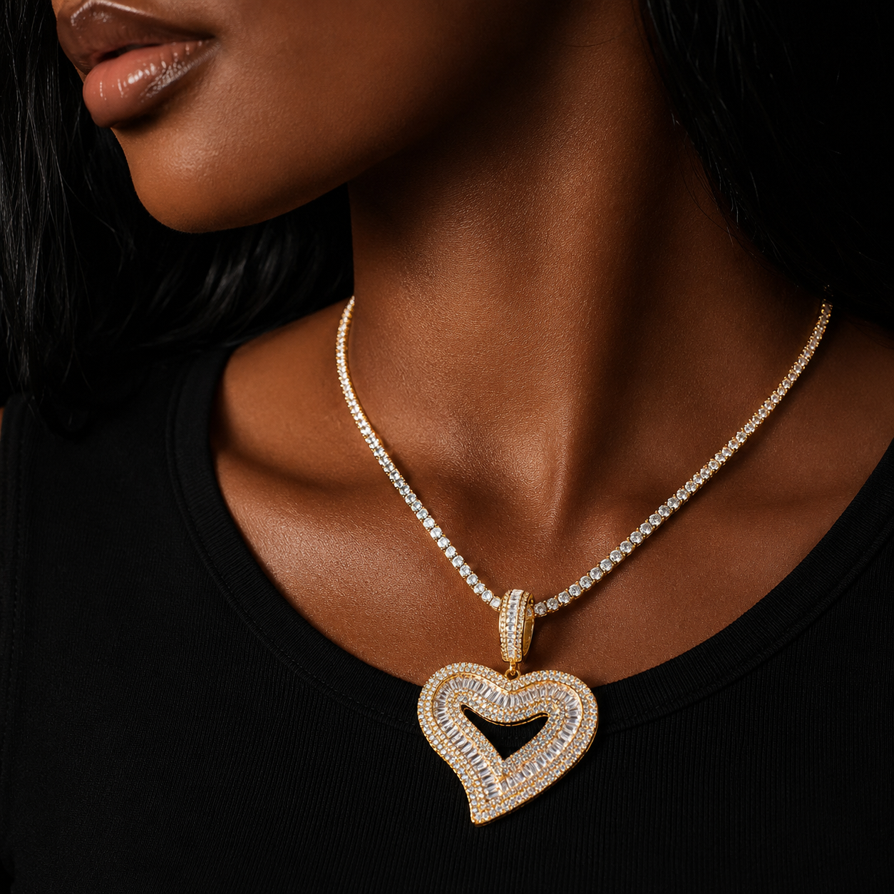 Bubble Letter Baguette Open Love Heart Necklace Pendant for Women Iced Out Charms Glossy Girl Fashion Jewelry