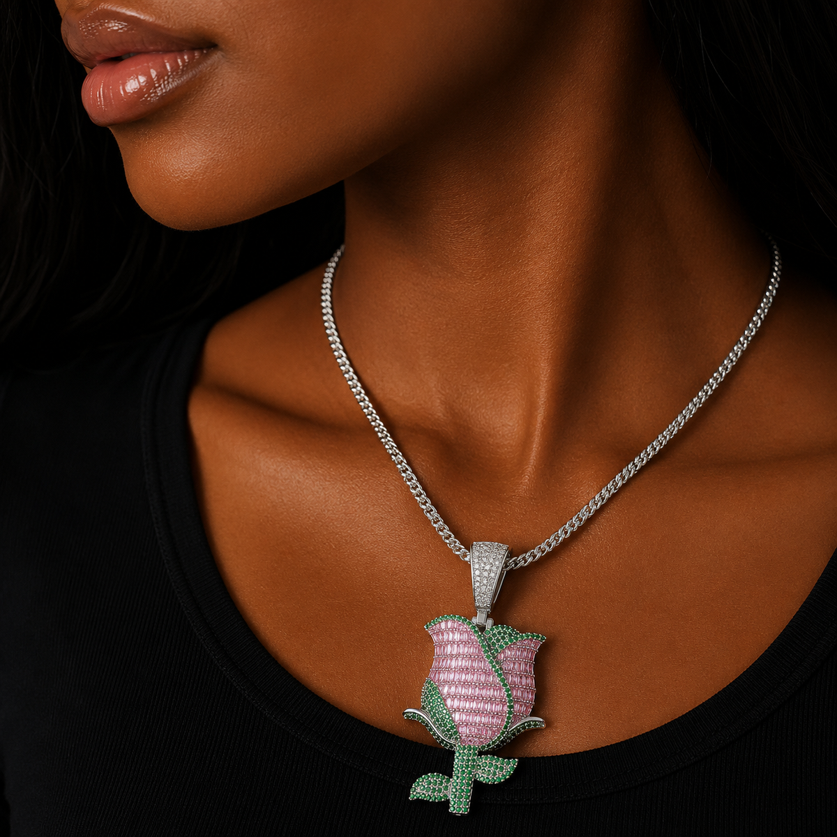 Bubble Letter Rose Flower Necklace Pendant for Women Baguette Prong Setting Charm Real Copper Hip Hop Jewelry