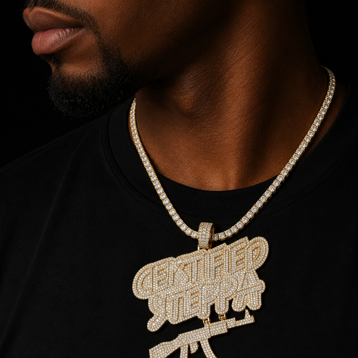 Bubble Letter Certified Steppa Gun Necklace for Men Iced Out Pendant Real Gold Plated Cubic Zirconia Hip Hop Jewelry