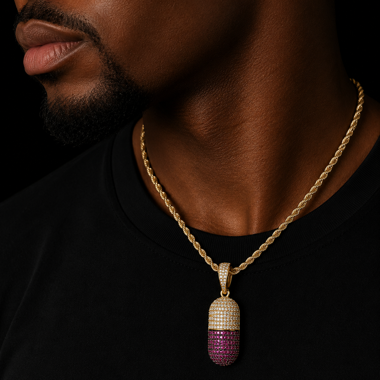 Bubble Letter Tiny Pill Pendant Iced Out Necklace for Men Prong Setting Real Copper Cubic Zirconia Hip Hop Jewelry