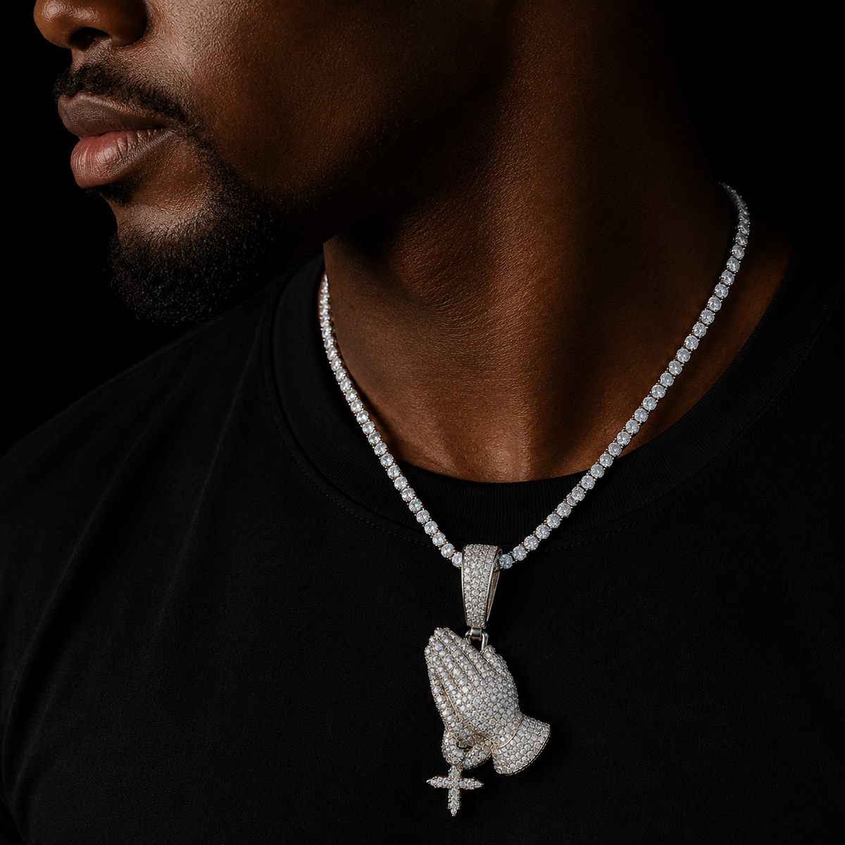 Bubble Letter Iced Out Pray Hands Cross Necklace for Men Real Gold Plated Cubic Zirconia Hip Hop Jewelry
