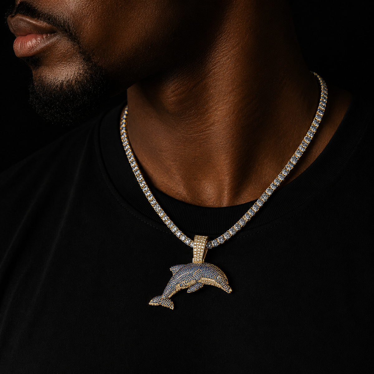 Bubble Letter Iced Out Dolphin Animal Necklace for Men Two Tone Pendant Hip Hop Jewelry 2023 Drop Shipping Products