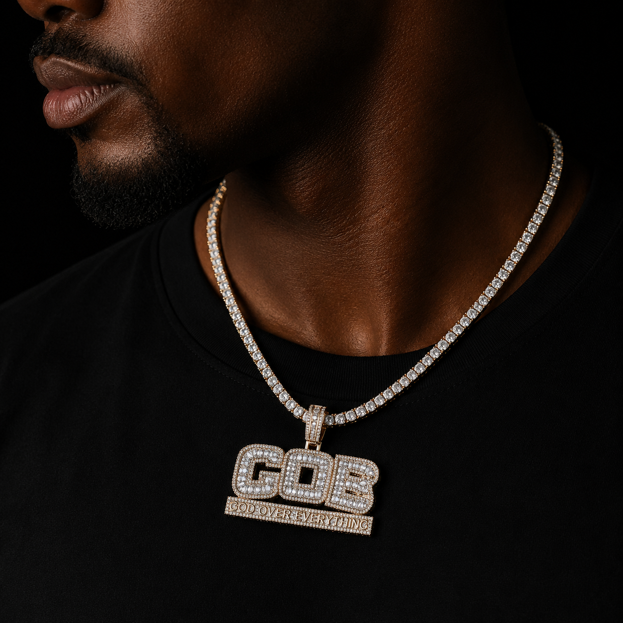 Bubble Letter Iced Out Necklace for Men God Over Everything Pendant Double Color Hip Hop Jewelry