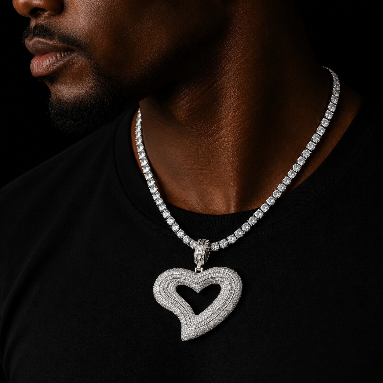 Bubble Letter Tilted Heart Pendant Baguette Necklace Glossy Charms Iced Out Prong Setting Hip Hop Jewelry