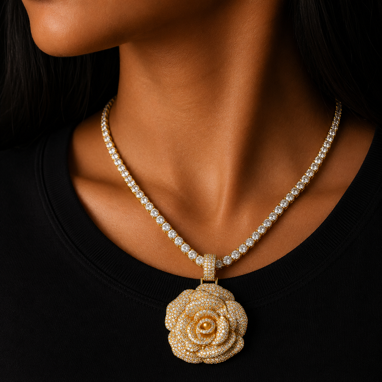 Bubble Letter Iced Out Pendant Rose Flower Necklace for Women Hip Hop Charms Cubic Zircon Fashion Jewery Gold Color