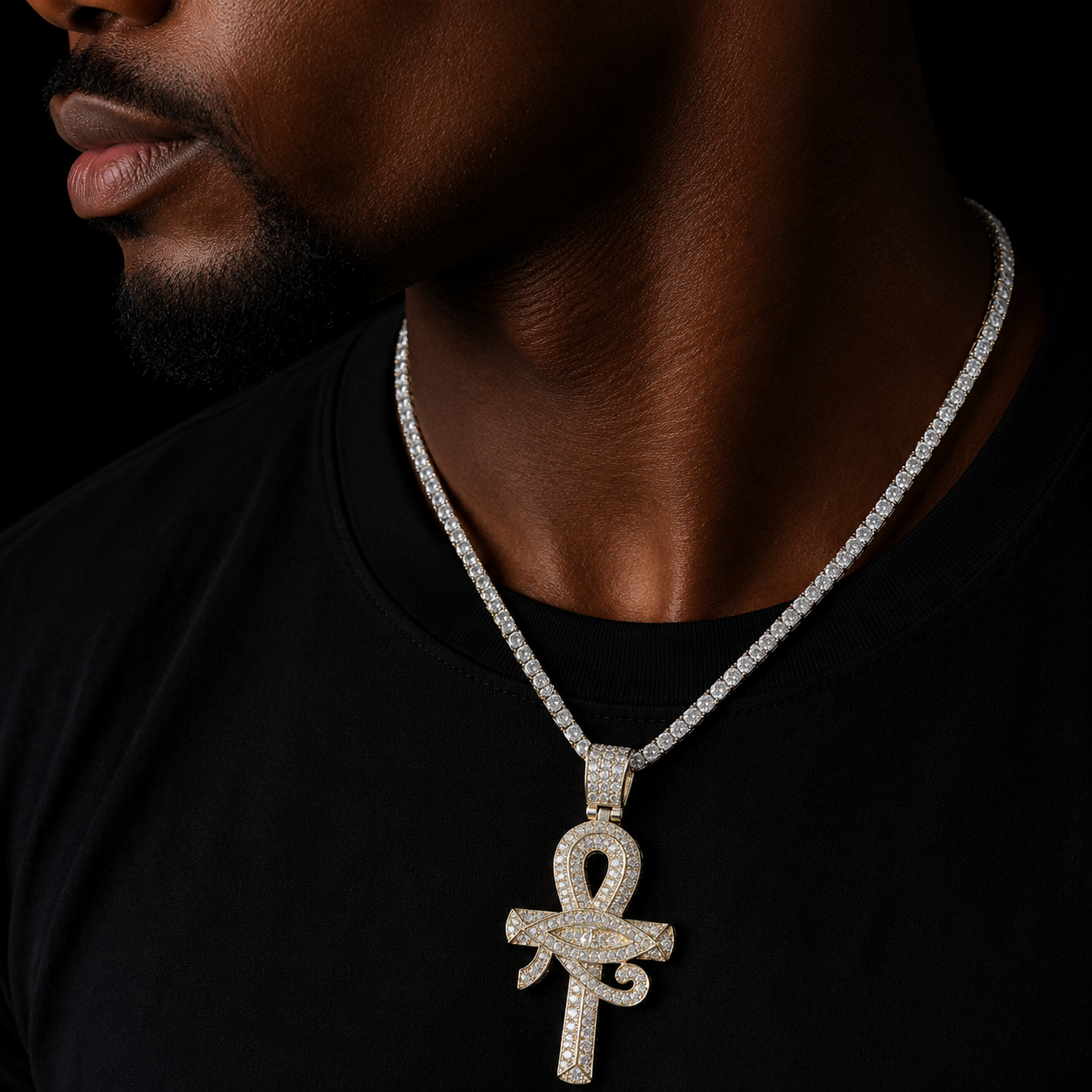 Bubble Letter Eye of Horus Ankh Cross Pendant Necklace Chain for Men Cubic Zircon Hip Hop Rock Rapper Style Jewelry