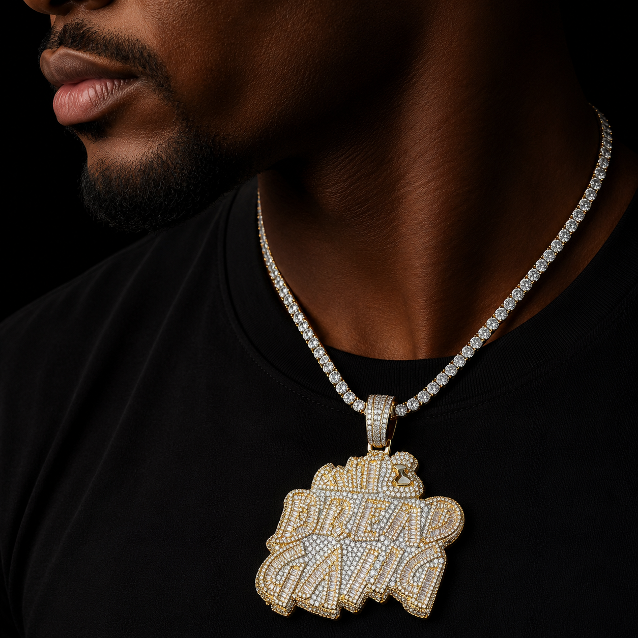 Bubble Letter Iced Out Pedant Bread Gang Necklace for Men Cubic Zirconia Baguette Double Color Hip Hop Jewelry