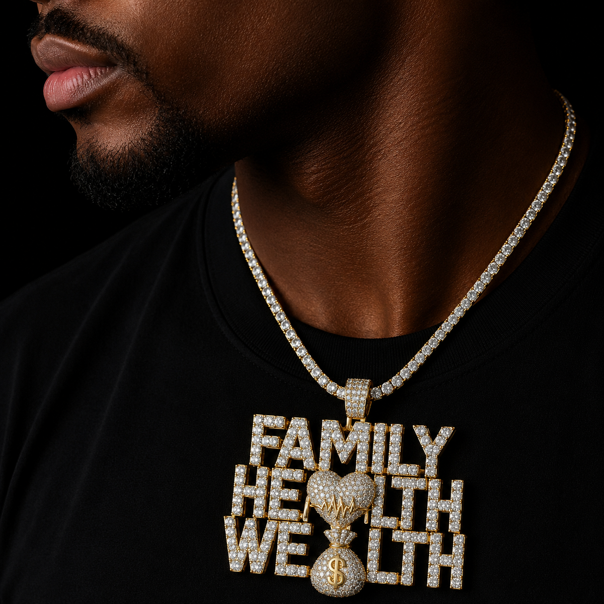 Bubble Letter Iced Out Pendant Family Health Wealth Necklace for Men Prong Setting Hip Hop Jewelry