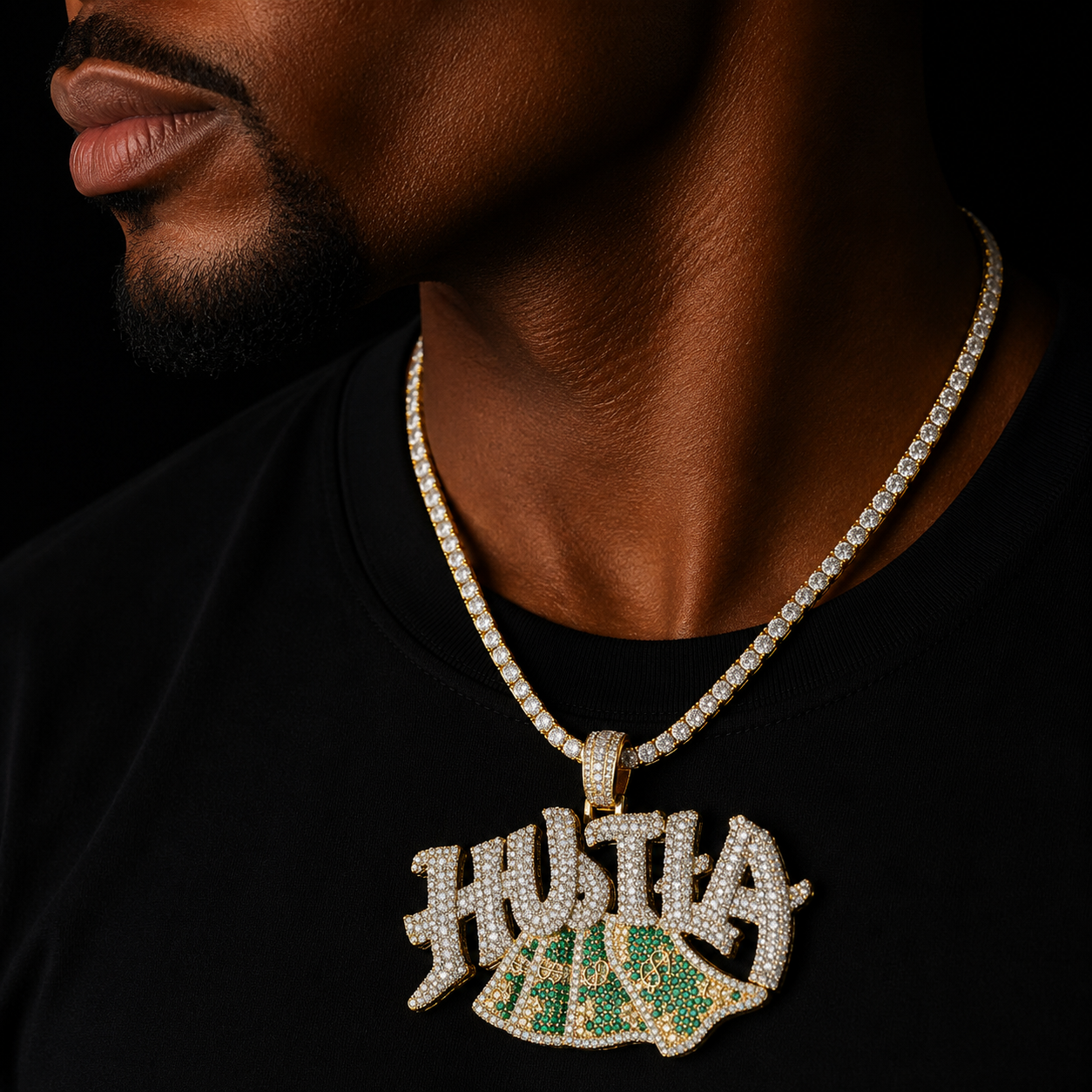 Bubble Letter Iced Out Necklace for Men Hustle US Dollar Pendant Prong Setting Real Gold Plated Hip Hop Jewelry