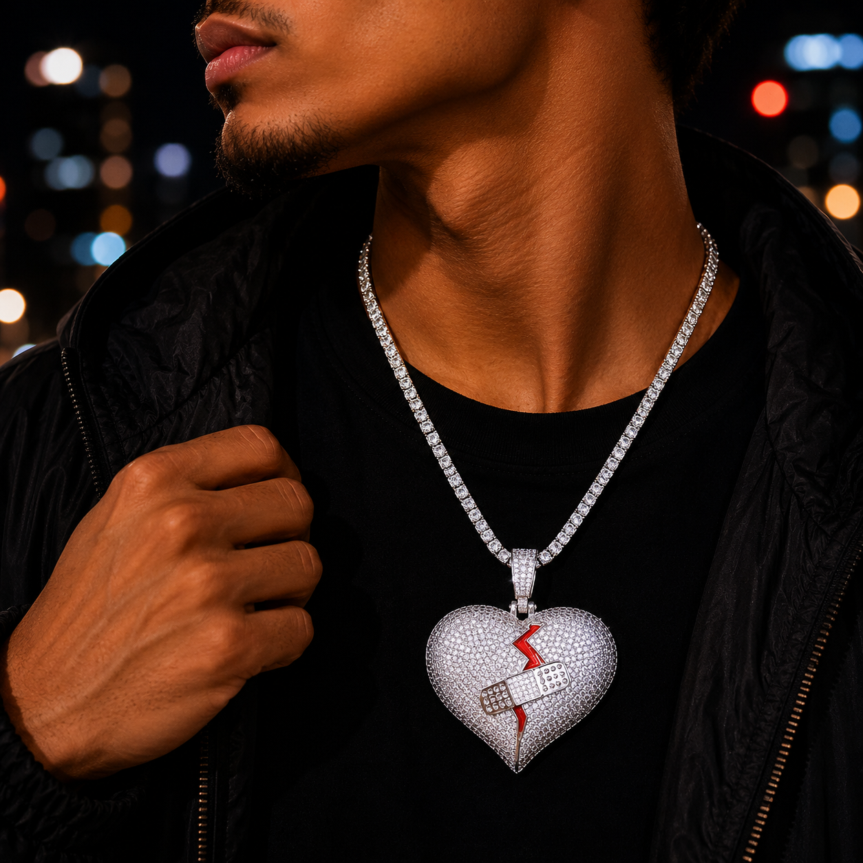 Bubble Letter Iced Out Wound Patch Broken Heart Necklace Pendant for Men Real Gold Plated 5A Cubic Zirconia Hip Hop Jewelry