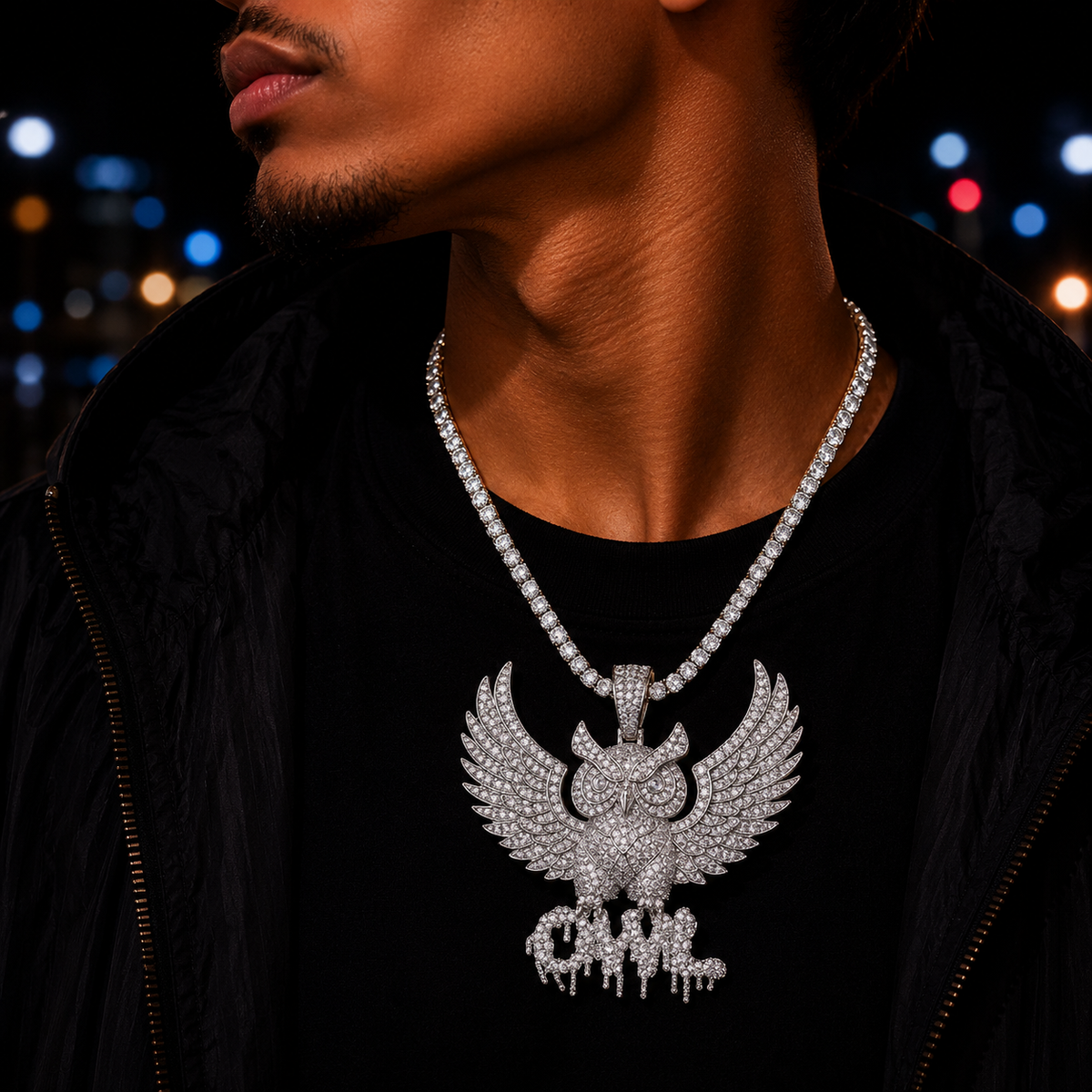 Bubble Letter Iced Out Owl Necklace Pendant for Men 5A Cubic Zirconia Gold Plated Hip Hop Jewelry