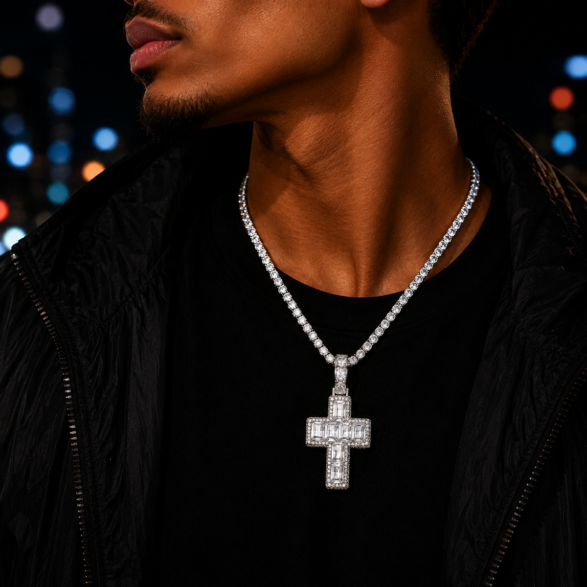 Bubble Letter Iced Out Baguette Cross Necklace Pendant for Men 5A Cubic Zirconia Gold Plated Hip Hop Jewelry