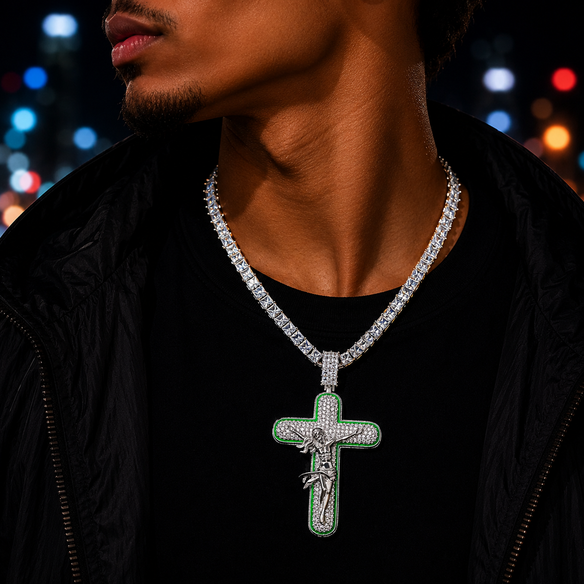 Bubble Letter Iced Out Green Cross Jesus Necklace Pendant for Men 5A Cubic Zirconia Gold Plated Hip Hop Jewelry