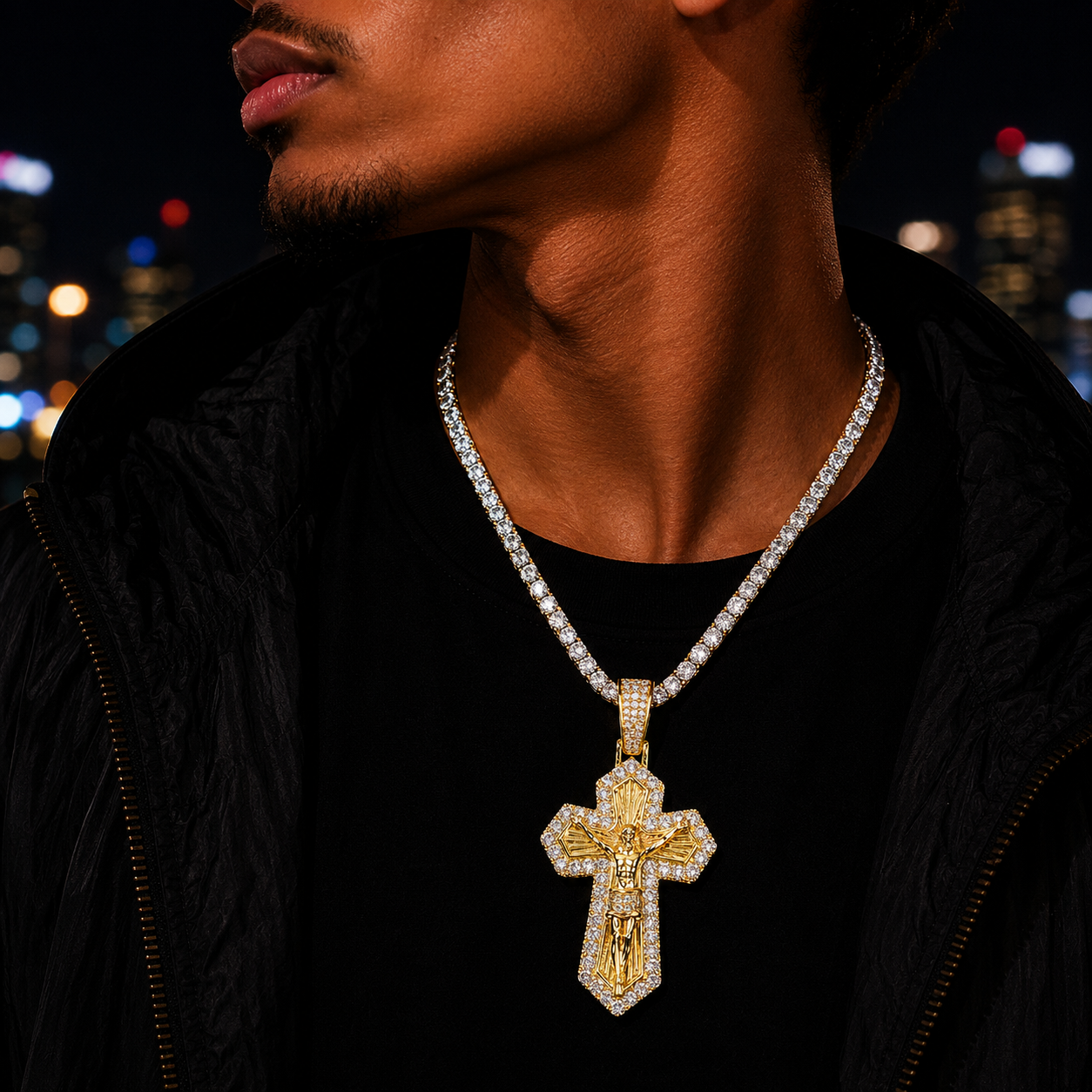 Bubble Letter Iced Out Cross Jesus Necklace Pendant for Men 5A Cubic Zirconia Gold Plated Hip Hop Jewelry