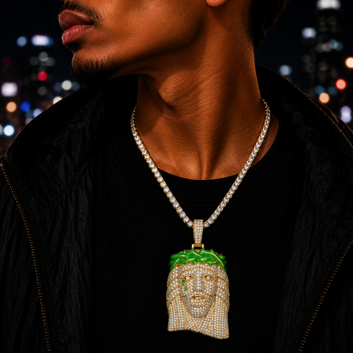 Bubble Letter Iced Out Green Jesus Necklace Pendant for Men 5A Cubic Zirconia Gold Plated Hip Hop Jewelry
