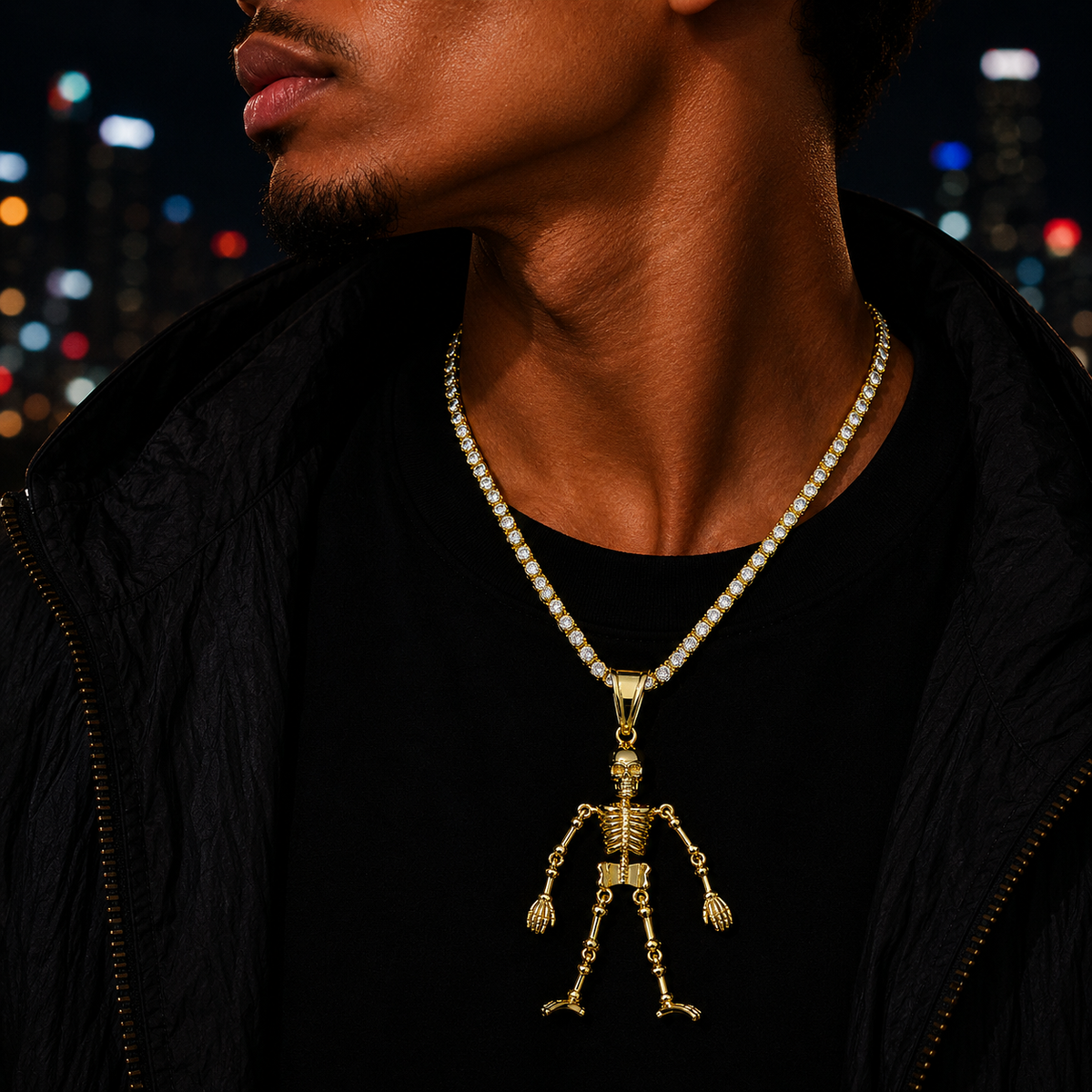 Bubble Letter Iced Out Skeleton Necklace Pendant for Men 5A Cubic Zirconia Gold Plated Hip Hop Jewelry