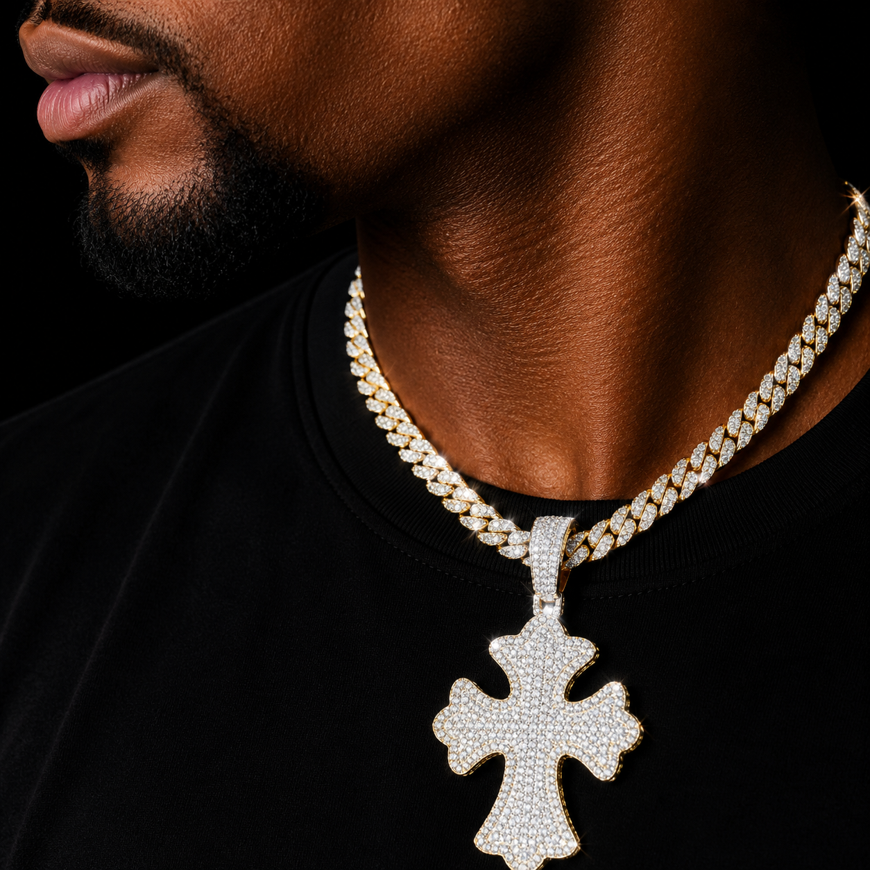 Bubble Letter Iced Out Cross Necklace for Men Prong Setting Cubic Zirconia Real Gold Plated Pendant Hip Hop Jewelry