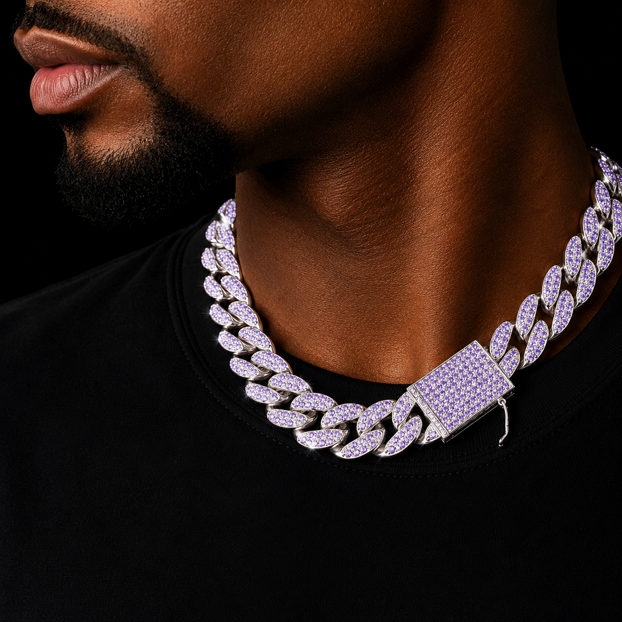 Bubble Letter Heavy Purple Zircon Miami Cuban Link Chain for Men Necklace Choker Bling Hip Hop Rock Fashion Jewelry 2021 Trend