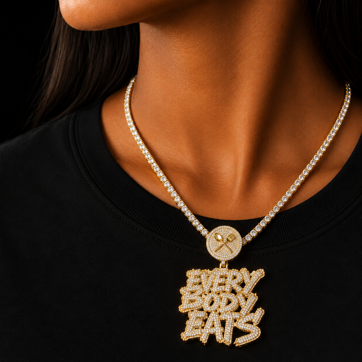 Bubble Letter Iced Out Necklace Pendant for Women Every Body Eats Charms Real Copper Cubic Zircona Gold Plated Hip Hop Jewelry