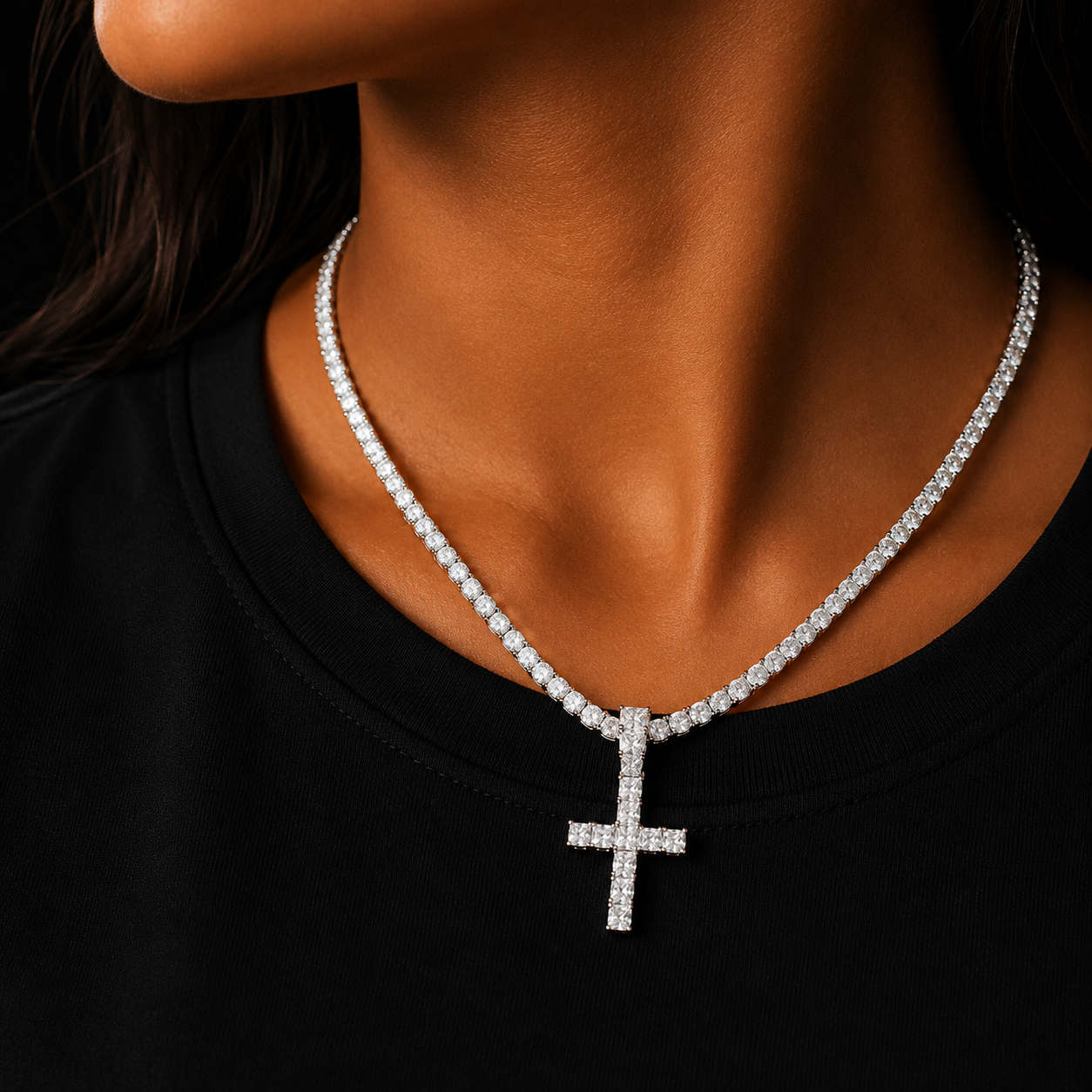 Bubble Letter Cross Pendant Necklace Hip Hop Jewelry for Women AAAAA Cubic Zirconia