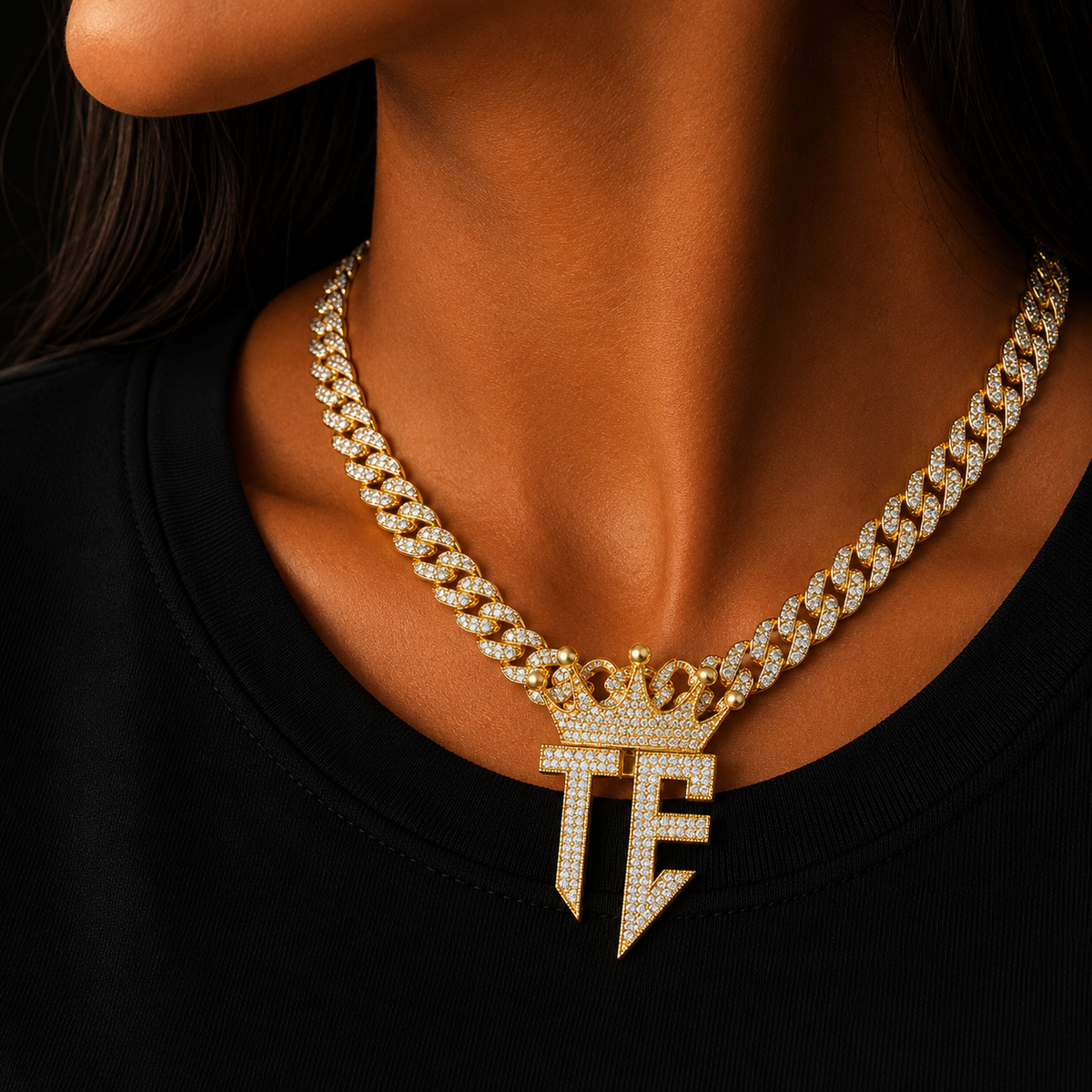 Bubble Letter Iced Out TE Necklace Pendant for Women Prong Cubic Zirconia Real Gold Plated Hip Hop Jewelry