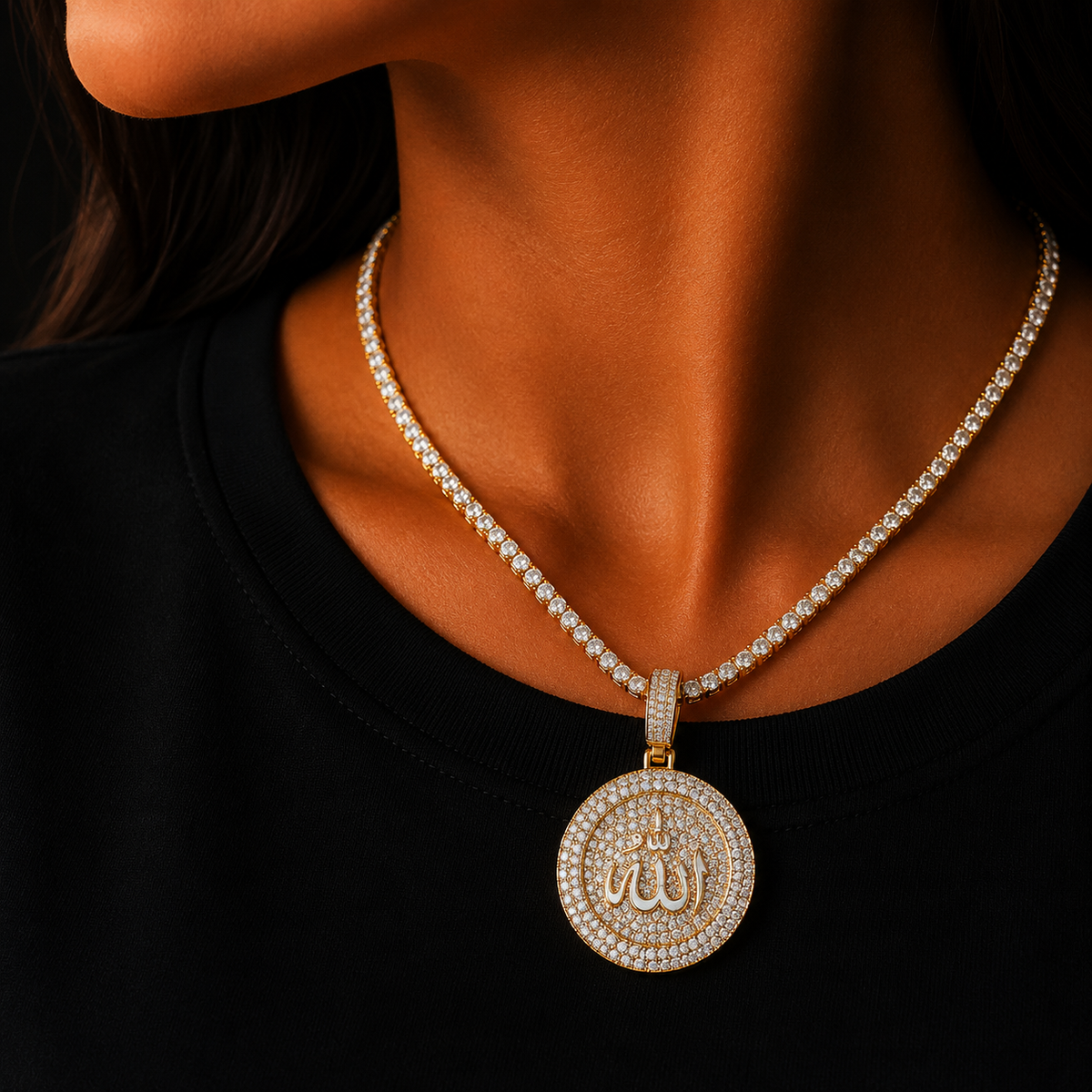 Bubble Letter Muslim God Allah Pendant for Women Necklace Religious Iced Out Cubic Zirconia Hip Hop Jewe