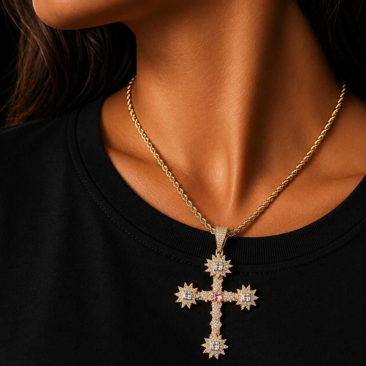 Bubble Letter Iced Out Cross for Women Real Gold Plated Cubic Zirconia Hip Hop Jewelry