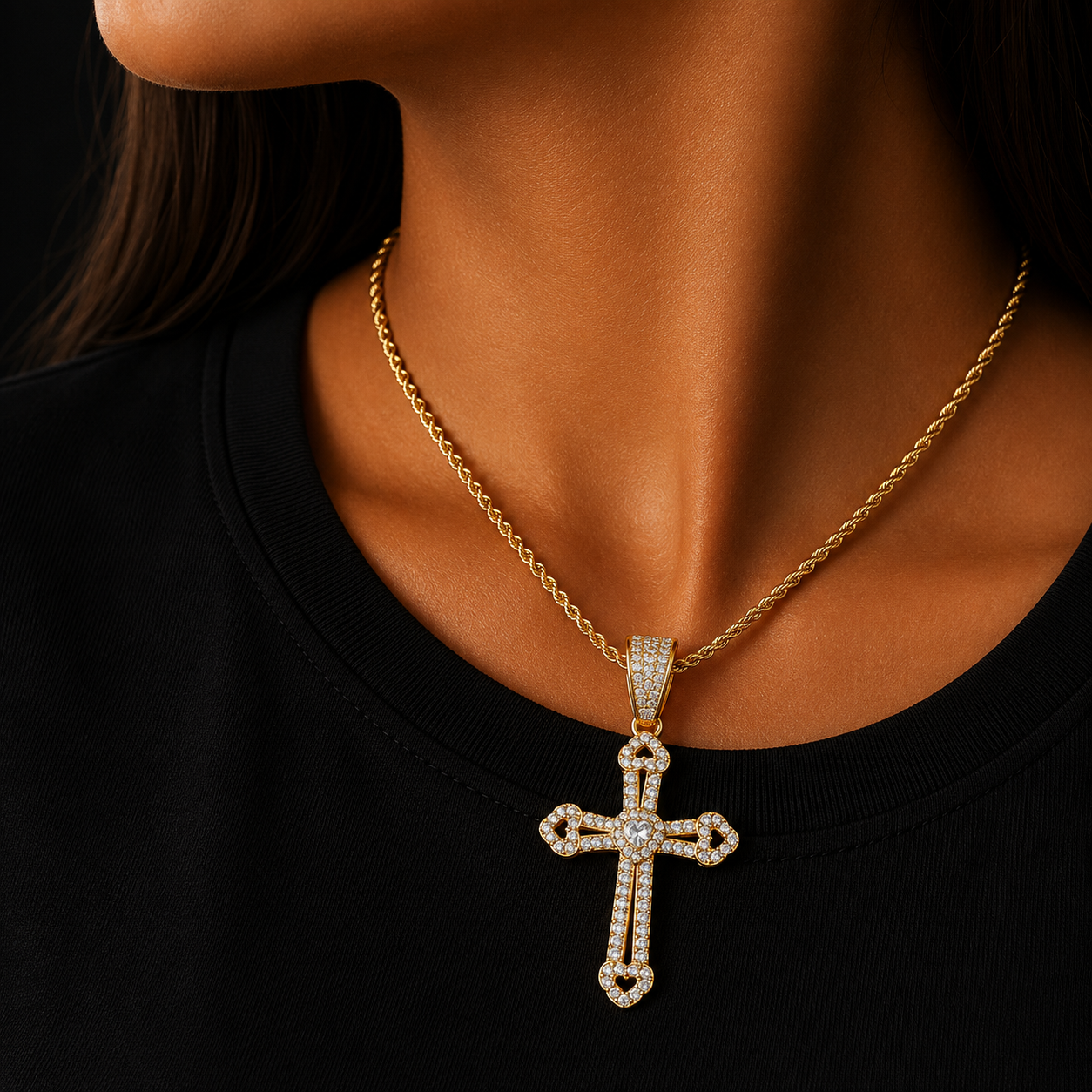 Bubble Letter Iced Out Cross Heart Pendant Necklace for Women Gold Plated Cubic Zirconia Hip Hop Jewelry