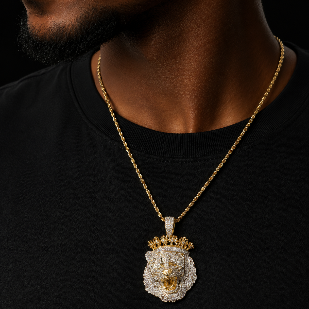 Bubble Letter Lion Crown Necklace for Men Iced Out Prong Setting Pendant Chain Double Color Hip Hop Jewelry