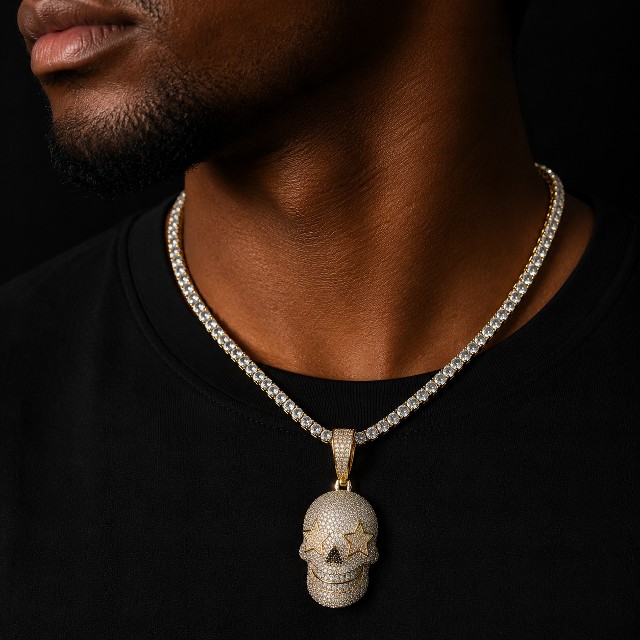 Bubble Letter Iced Out Skull Necklace Pendant for Men Prong Setting Five Stars Eyes Real Copper Cubic Zirconia Hip Hop Jewelry