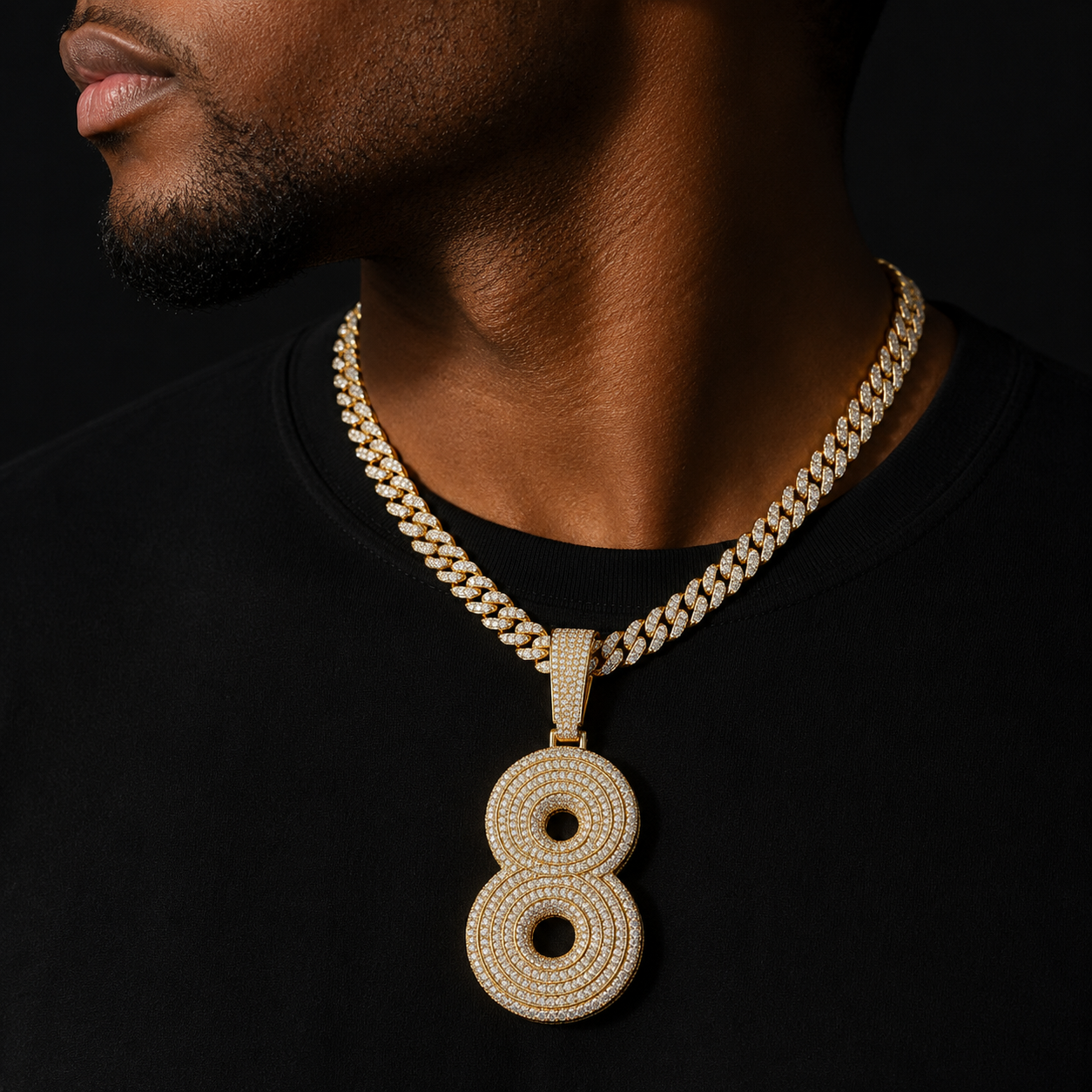 Bubble Letter Iced Out Number 8 Necklace Pendant for Men Prong Setting Real Gold Plated Cubic Zirconia Hip Hop Jewelry