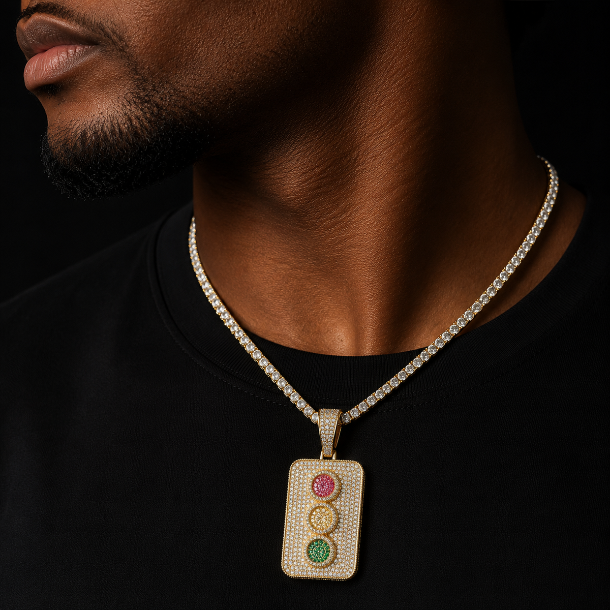 Bubble Letter Iced Out Traffic Light Necklace Pendant for Men Prong Setting Cubic Zirconia Real Gold Plated Hip Hop Jewelry