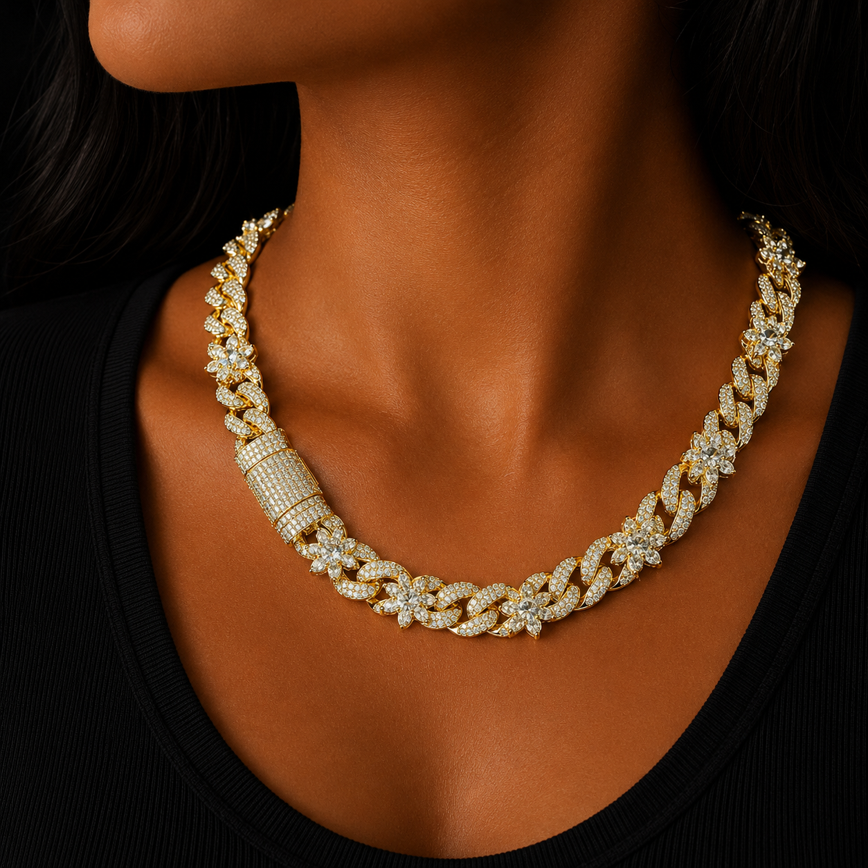 Bubble Letter Iced Out Flower Necklace Cuban Link Chain for Women Prong Setting Cubic Zirconia Hip Hop Jewelry