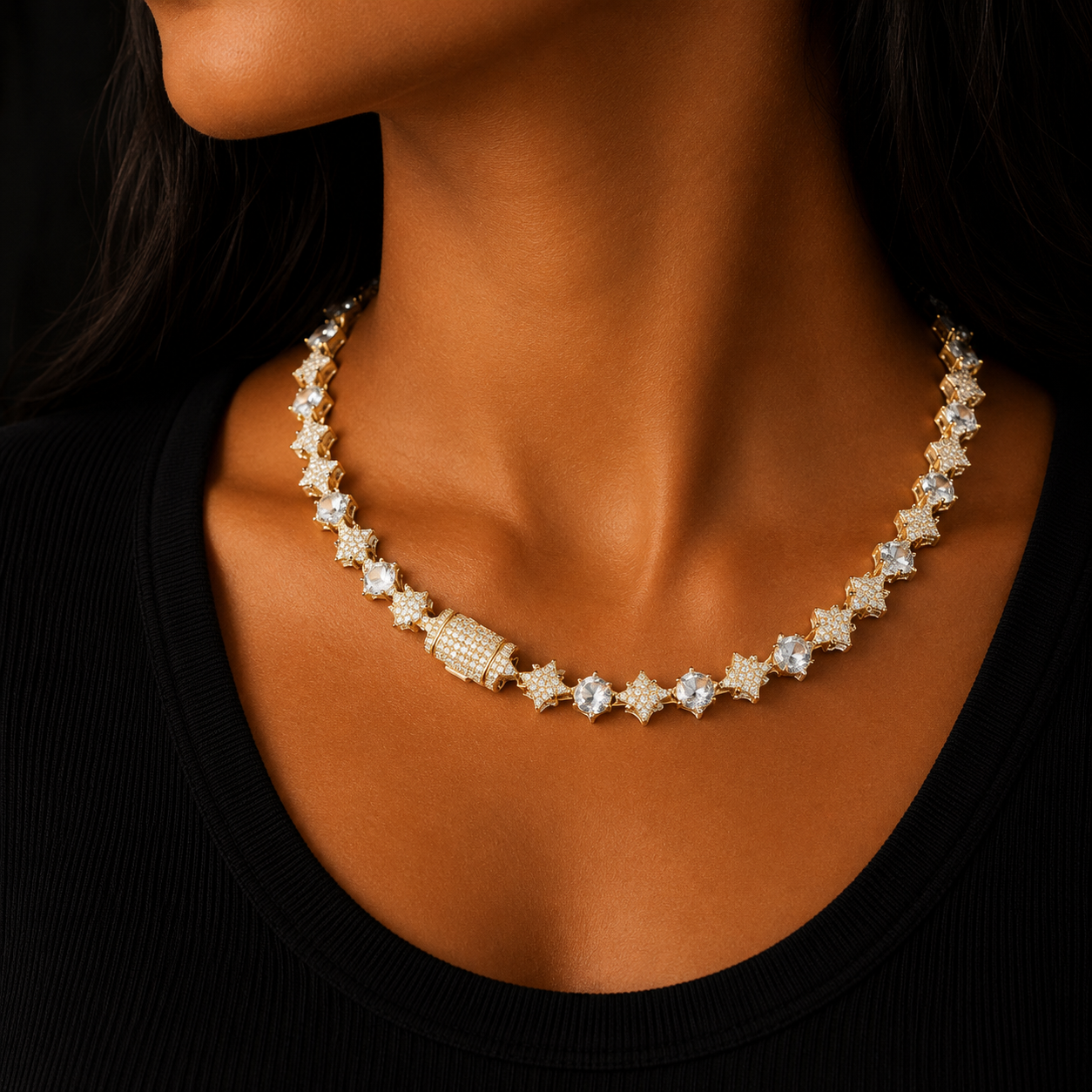 Bubble Letter Prong Necklace Choker for Women Iced Out Dot Star Shape Real Gold Plated Hip Hop Jewelry