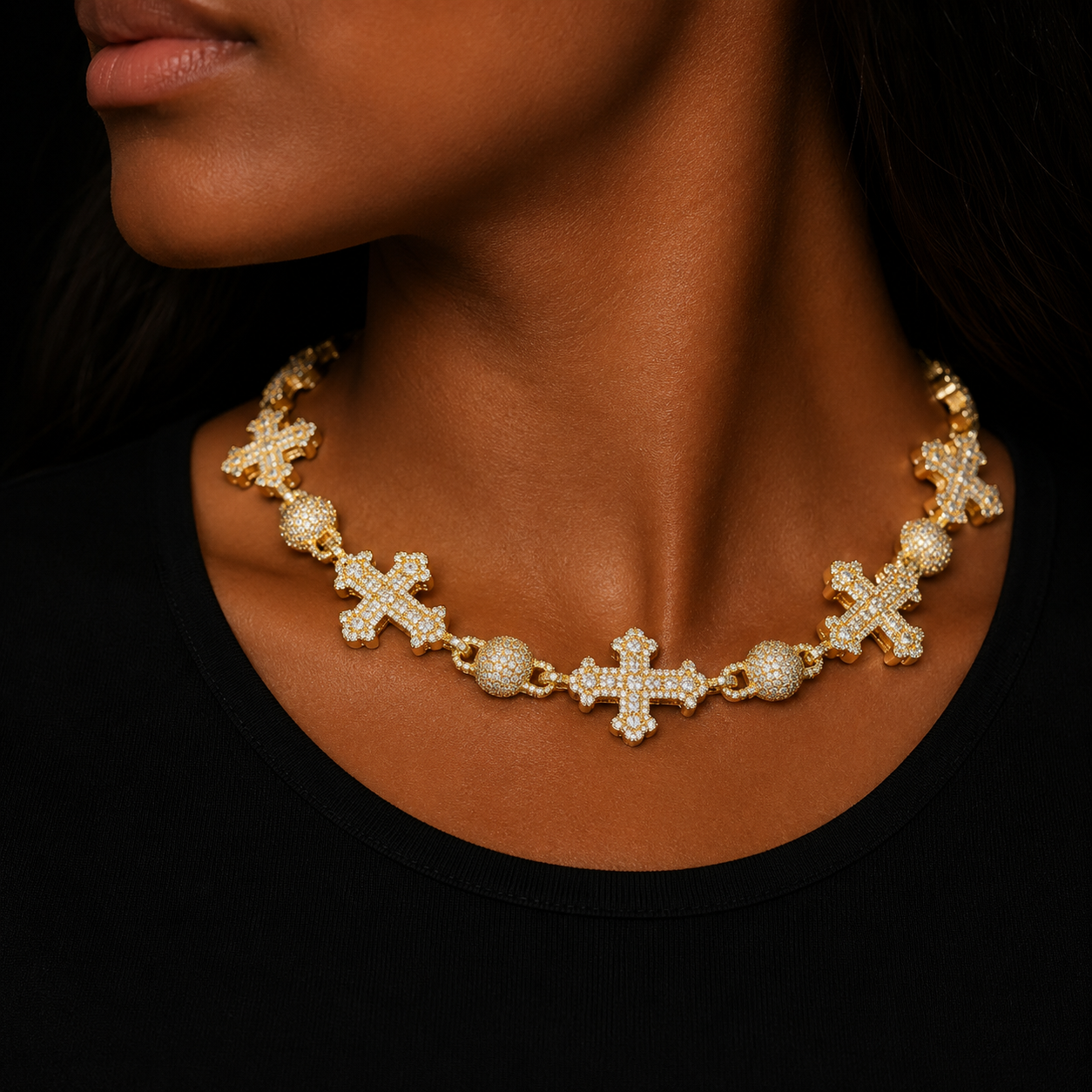 Bubble Letter Iced out Necklace Chain for Women Ball Cross Choker Real Gold Plated Hip Hop Jewelry