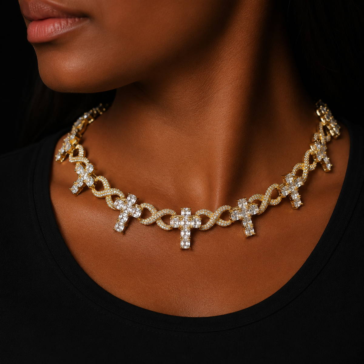Bubble Letter Iced Out Prong Necklace for Women Cross Infinity Choker Cuban Link Chain Cubic Zirconia Hip Hop Jewelry