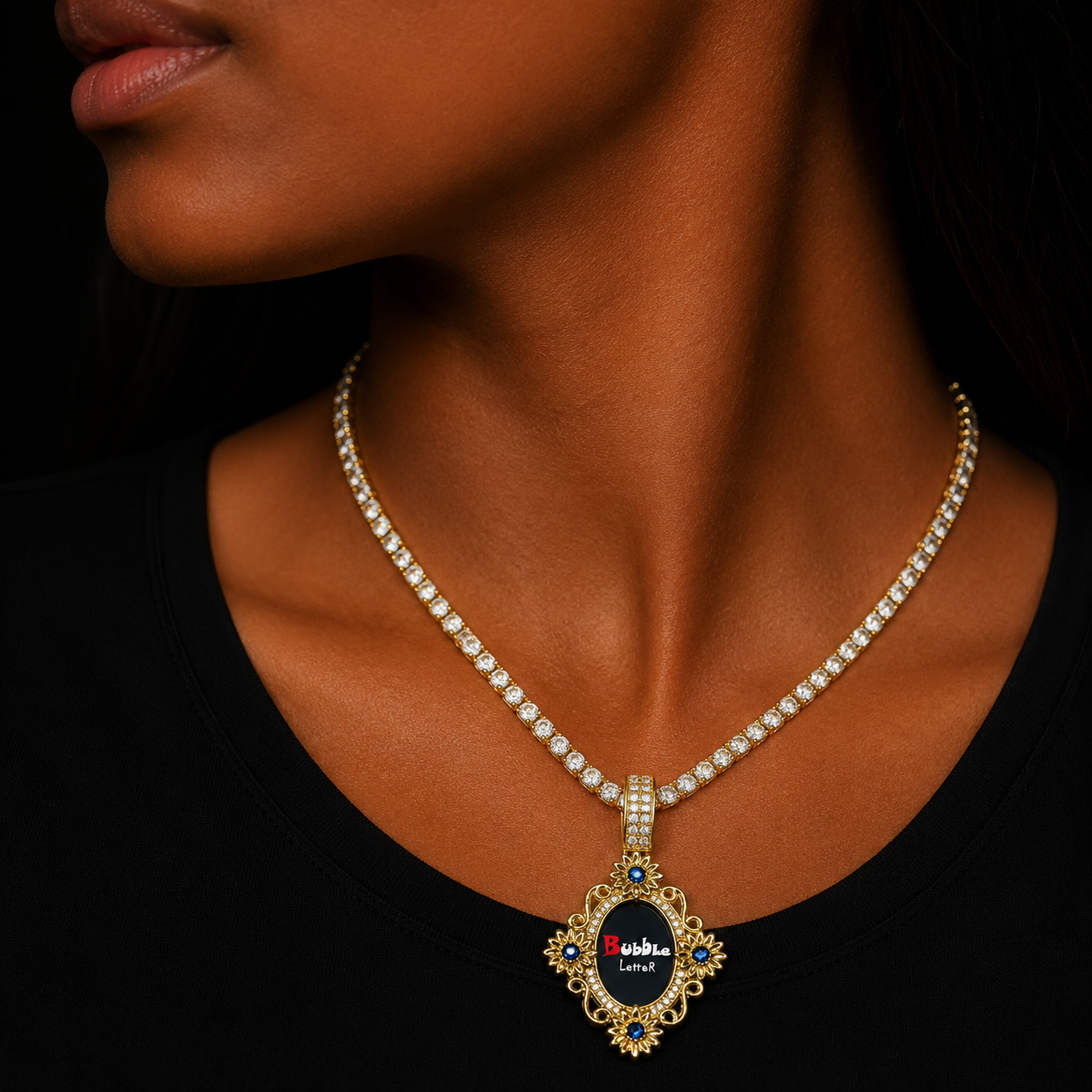 Bubble Letter Iced Out Makeup Mirror Shape Custom Photo Picture Necklace Pendant for Women Hip Hop Jewelry