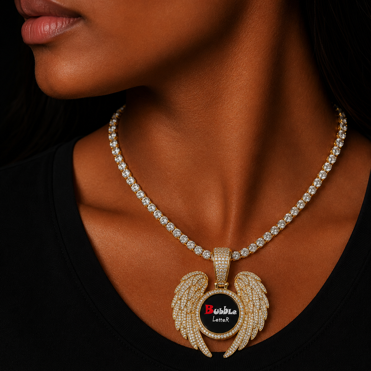Bubble Letter Iced Out Angle Wing Pendant Necklace for Women Custom Photo Picture Chain Hip Hop Jewelry