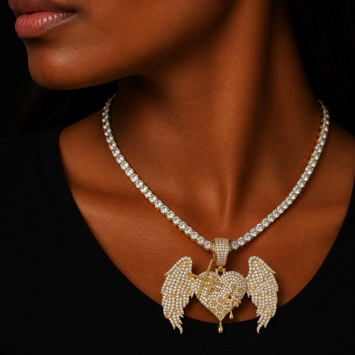 Bubble Letter Iced Out Heart Wings Necklace Pendant for Women Real Gold Plated Cubic Zirconia Hip Hop Jewelry