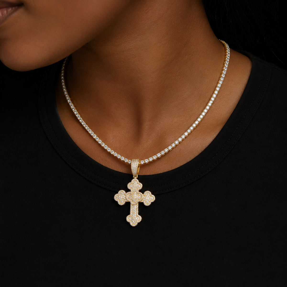 Bubble Letter Iced Out Heart Cross Necklace Pendant for Women Real Copper Cubic Zirconia Hip Hop Jewelry