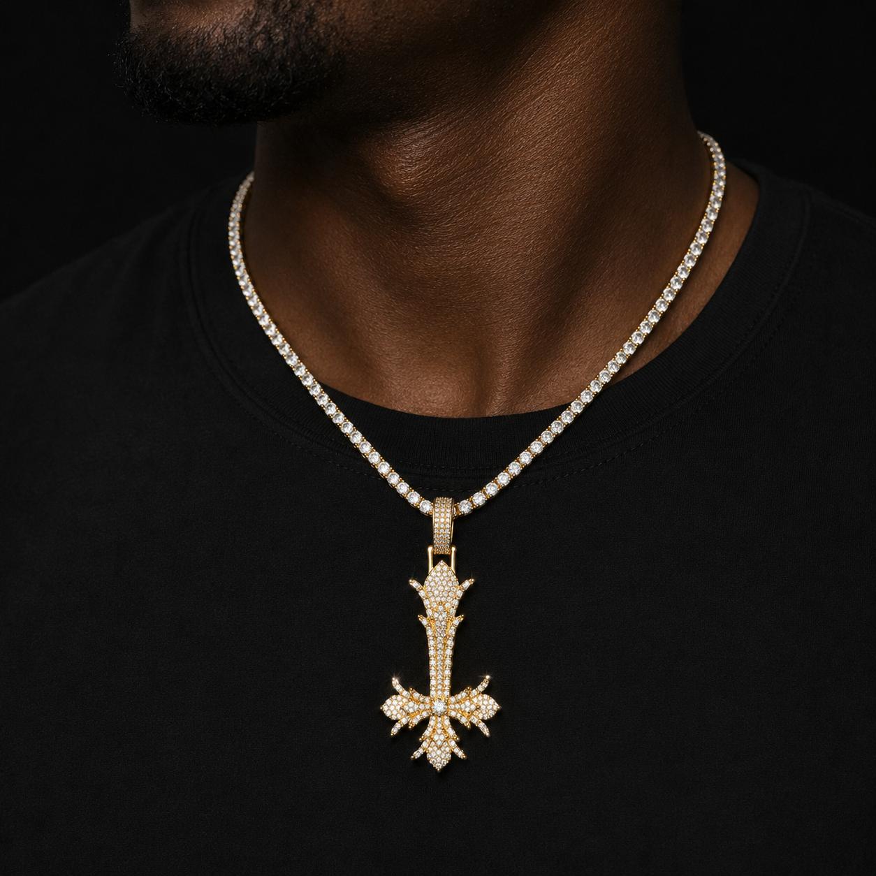 Bubble Letter Iced Out Upside Down Cross Necklace Pendant for Men Real Copper Cubic Zirconia Hip Hop Jewelry