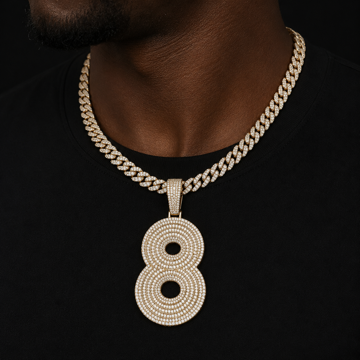 Bubble Letter Iced Out Number 8 Necklace Pendant for Men Prong Setting Real Gold Plated Cubic Zirconia Hip Hop Jewelry